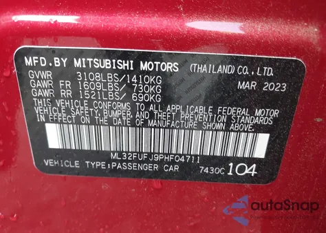 2023 Mitsubishi Mirage G4 Black Edition/Es/Le from USA, damaged, VIN ML32FUFJ9PHF04711